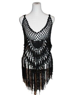 Ekouaer Crochet Womens Size L Black Fringe Boho Sleeveless Top Swim Cover up NEW